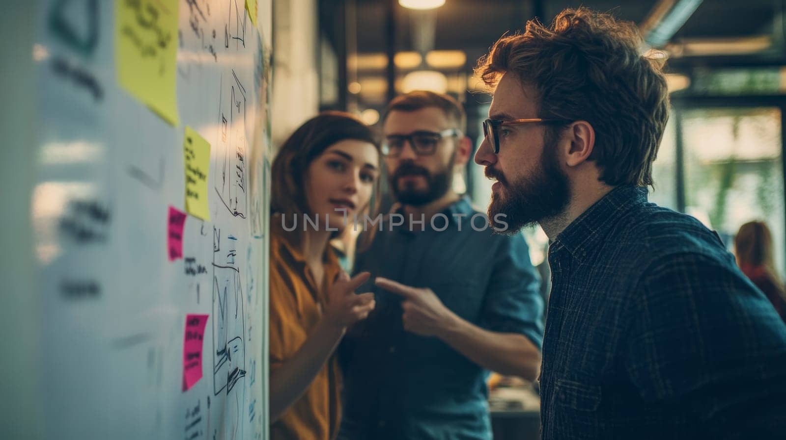 A group of software engineers collaborates on a project, brainstorming ideas on a whiteboard.