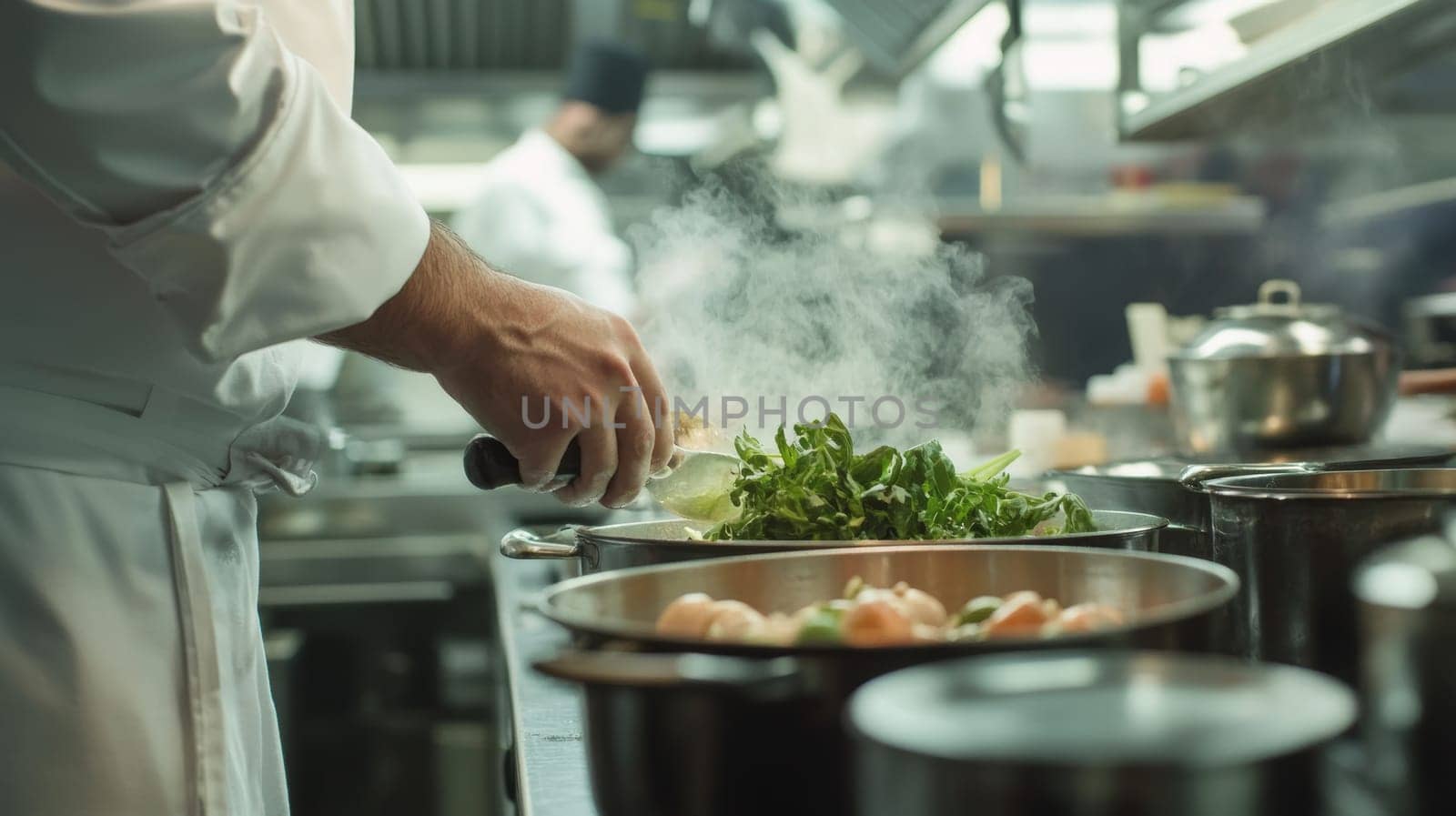 Professional chef in white uniform adds fresh herbs to a steaming dish in a bustling restaurant kitchen, showcasing culinary expertise and attention to detail.