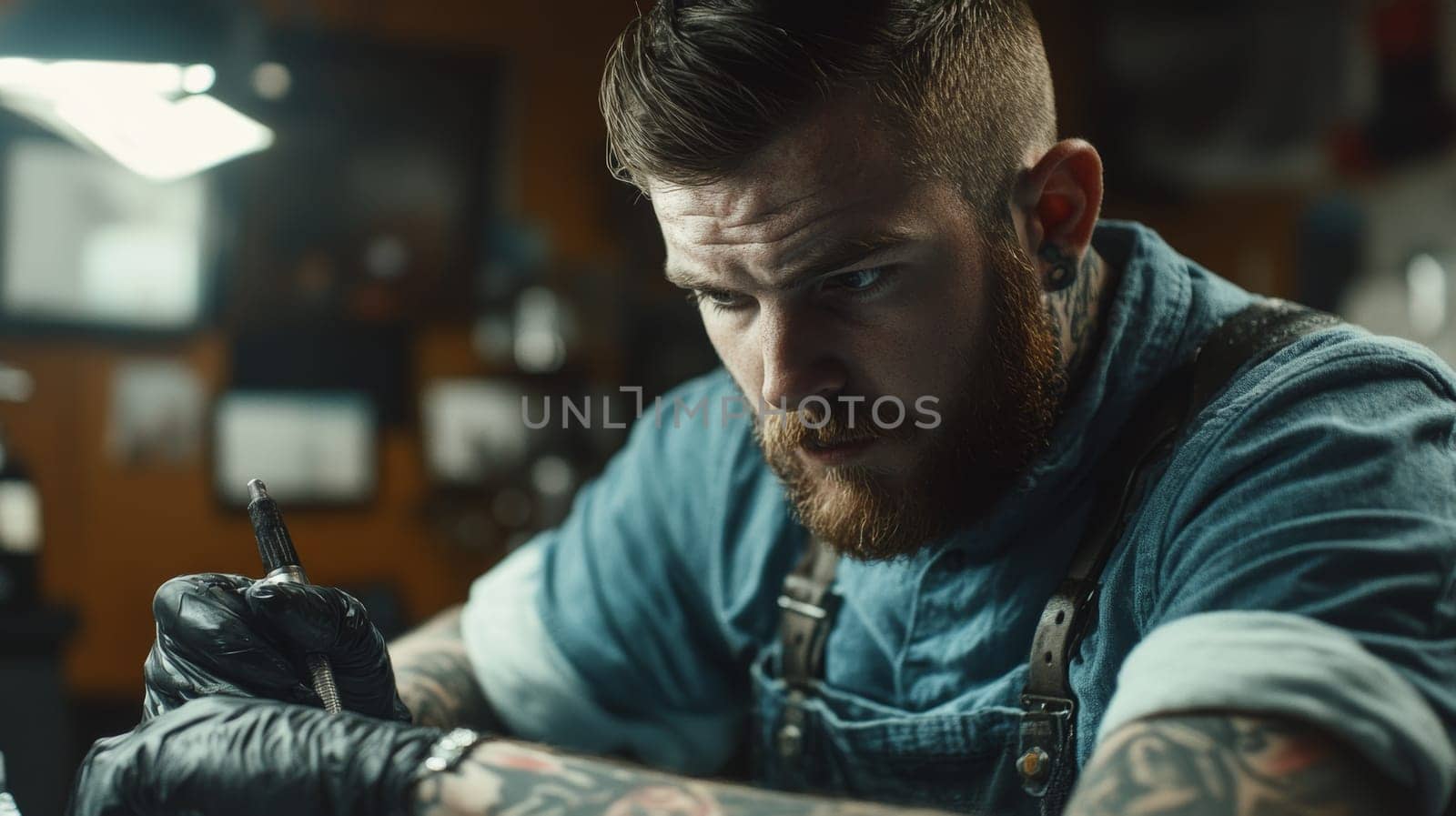 Bearded tattoo artist in blue shirt concentrating on tattooing, holding tattoo machine with gloved hands, surrounded by professional equipment in studio setting.