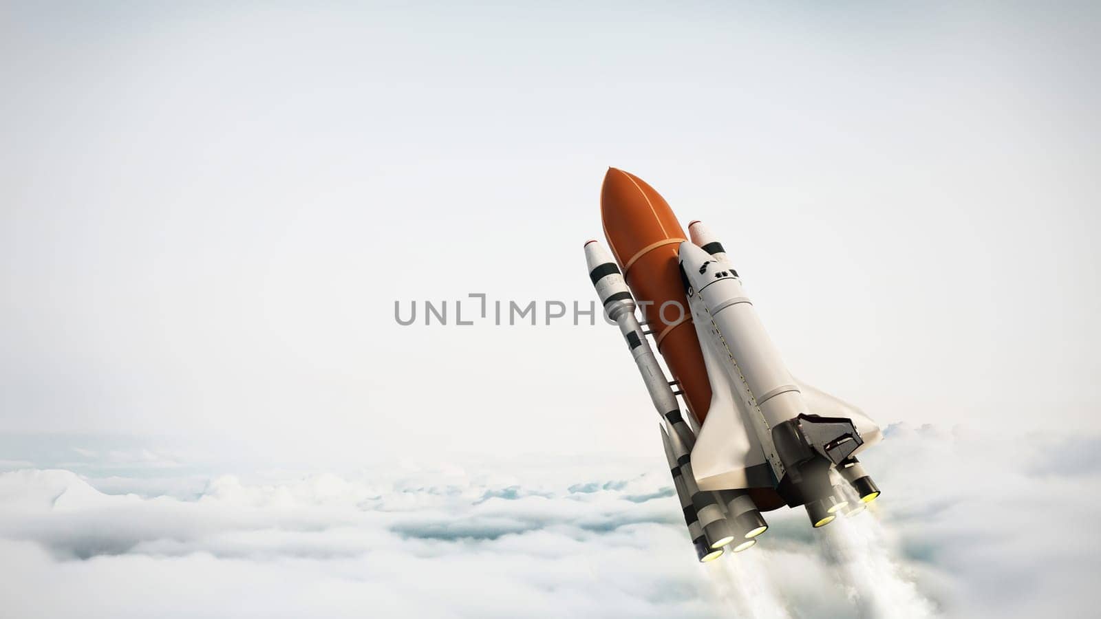 Space shuttle rising above the clouds. 3D illustration