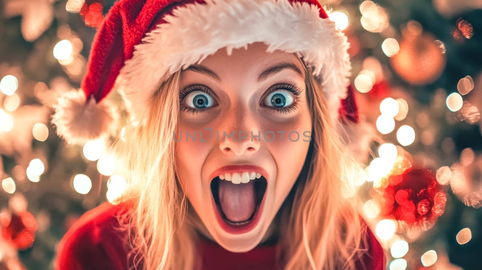 Excited woman celebrates christmas by a tree, wearing a santa hat, surrounded by festive lights and decorations