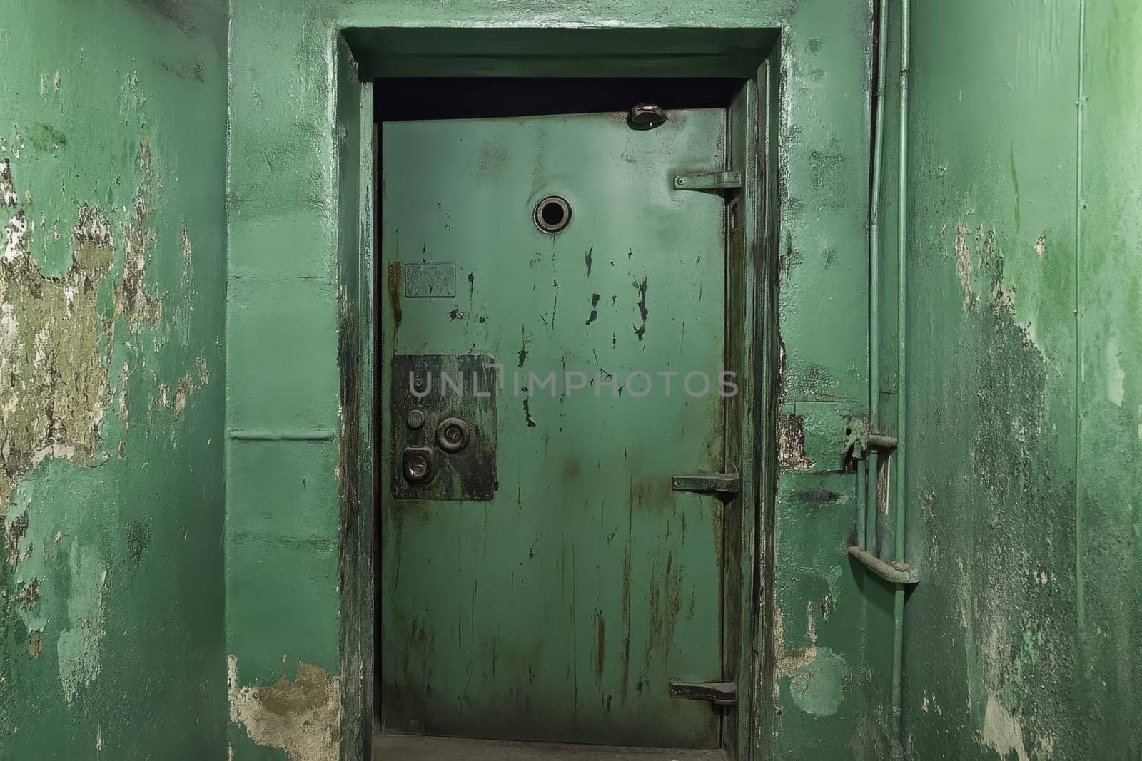 A weathered and peeling green metal door with a peephole and multiple locks, set in a decrepit green-painted concrete frame.