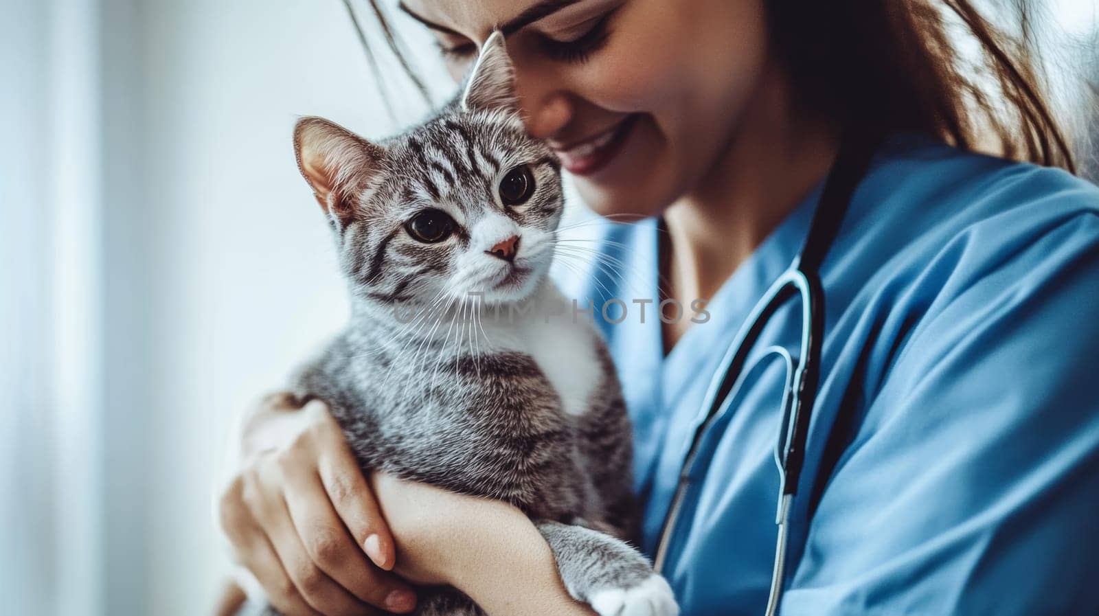 Female veterinarian in blue scrubs gently holding a young tabby kitten, showcasing professional animal care and the bond between healthcare providers and pets.
