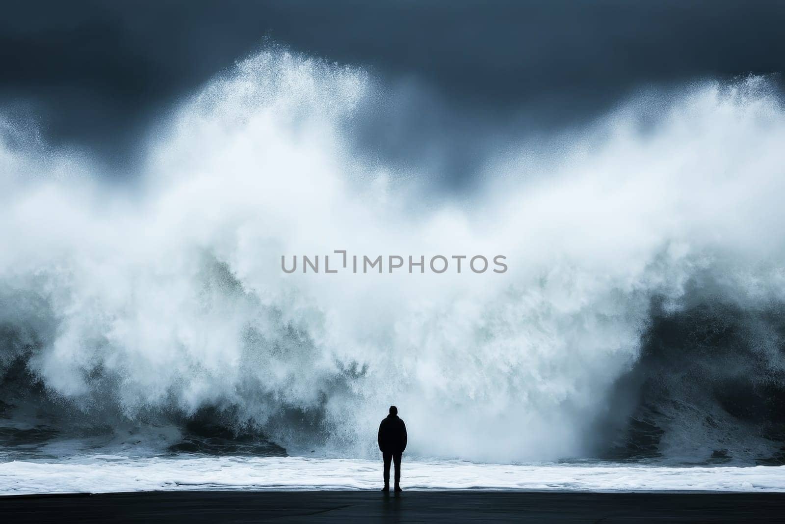 Silhouette of a person standing on a beach, dwarfed by an enormous wave crashing before them, creating a dramatic contrast between human and nature's power.