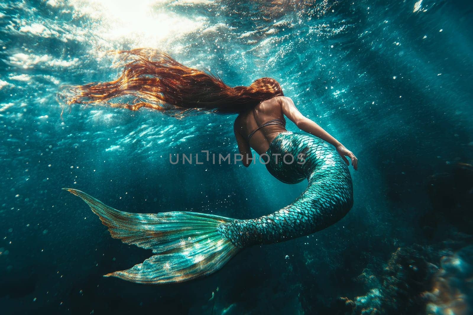 Mythical mermaid with long flowing hair and shimmering tail gracefully swimming in deep blue waters, sunlight filtering through the surface.