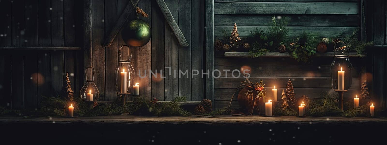 Christmas banner background with candles light and fir tree branches in dark rural interior with wooden wall. Natural cottagecore vibes and festive golden lights in the twilight. AI Generative content