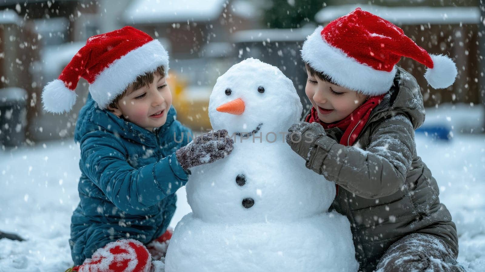 Two happy children building snowman in winter. Concept of Christmas, winter holidays, childhood, fun