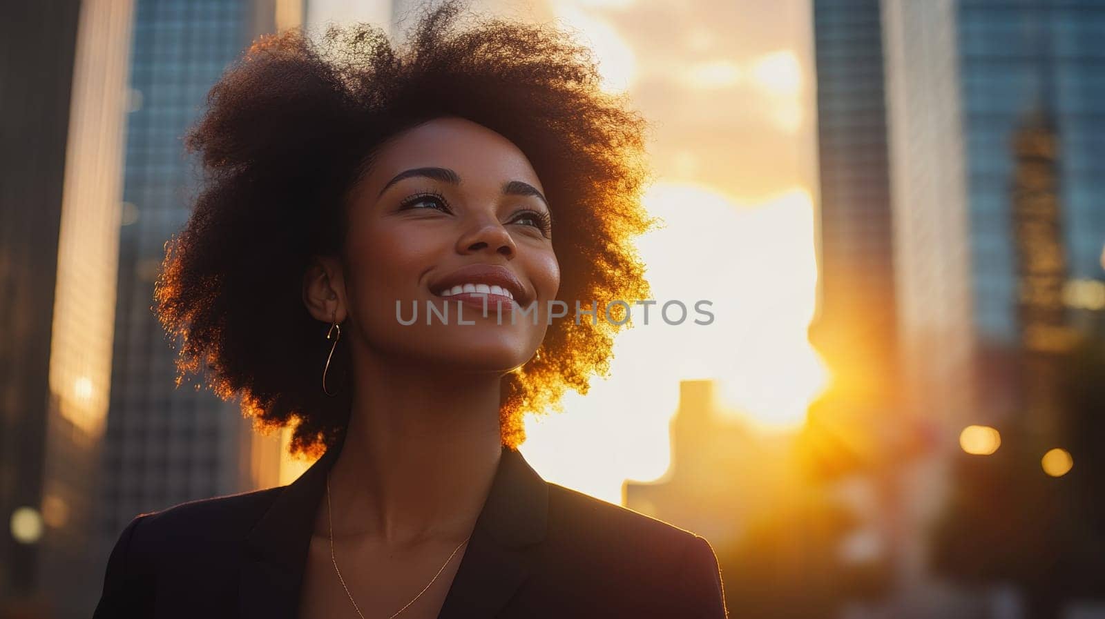 Young Black Businesswoman in City at Sunset with Hopeful Expression