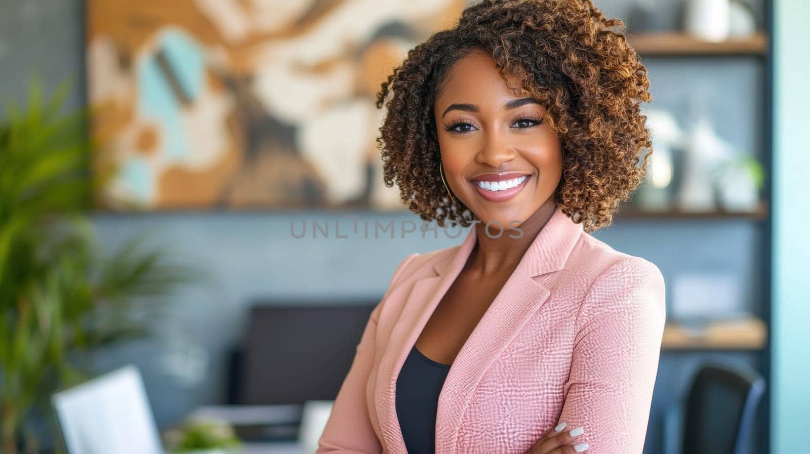 Confident Black Businesswoman Smiling in Modern Office