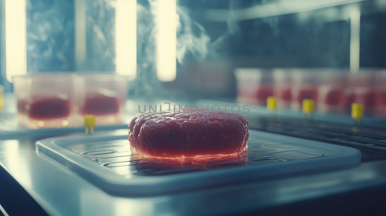 Lab grown meat displayed in a futuristic laboratory environment. Concept of sustainable food, biotechnology, and future of meat production