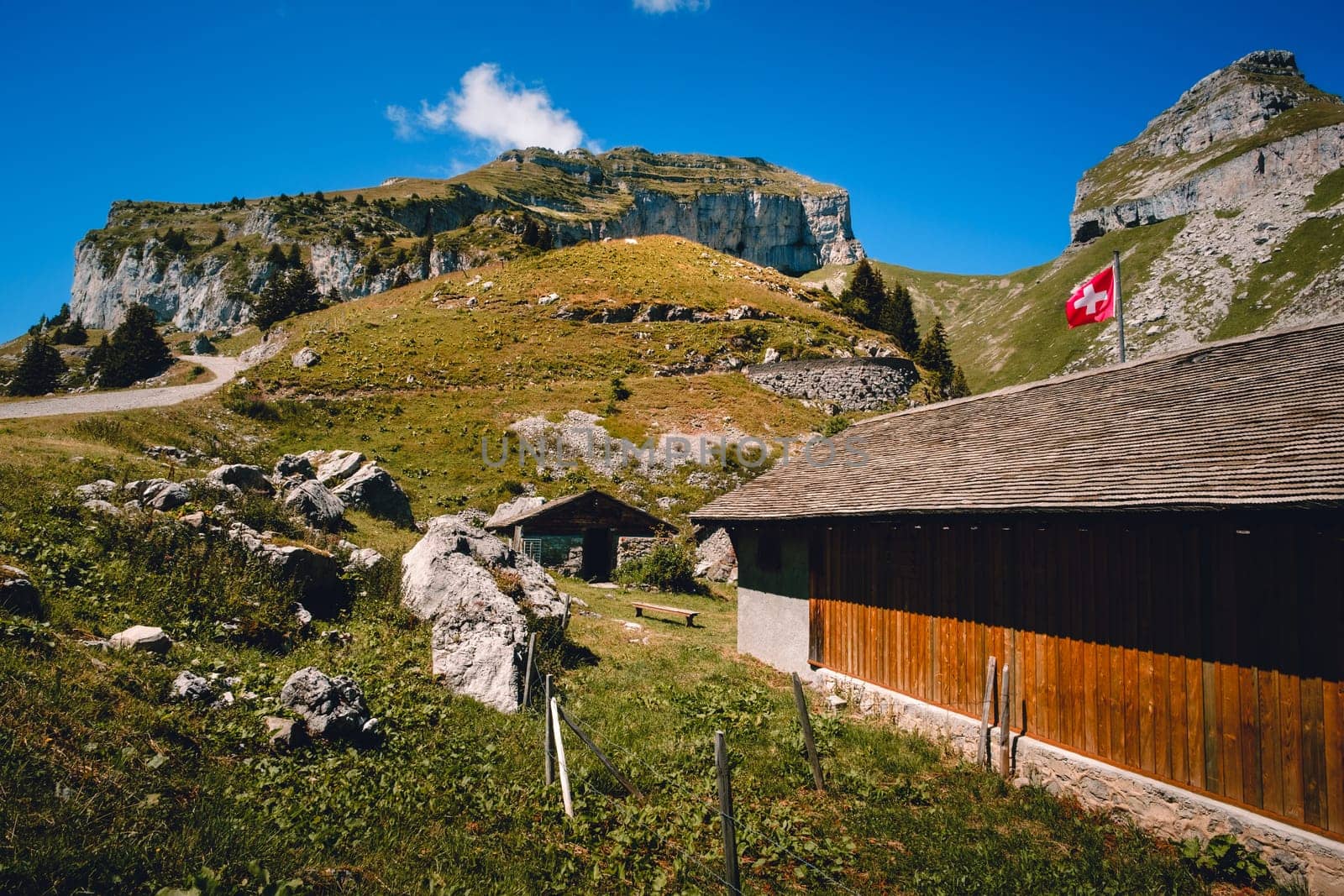 Wooden barn, swiss flag high in Vaud Alps near Leysin on sunny day in summer. Switzerland