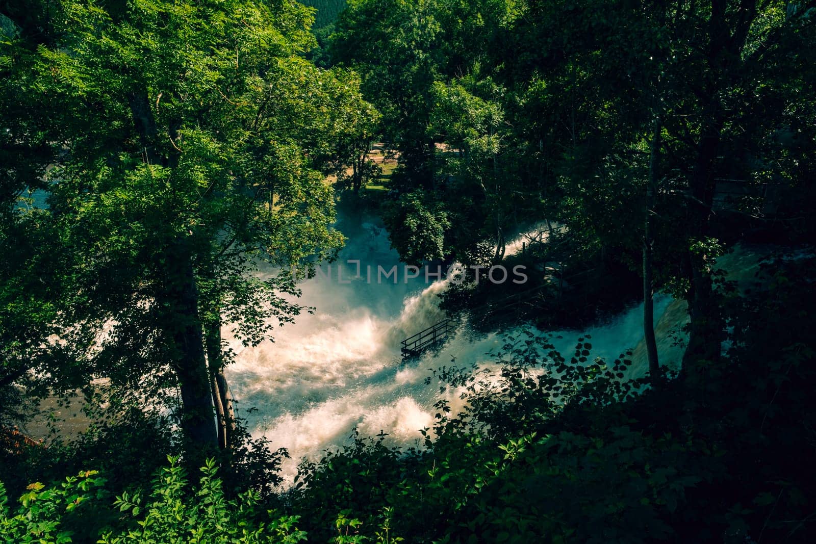 Waterfall of Coo on the Ambleve river after the heavy floods in the summer of 2021 shot from above. Stavelot, Liege province, Belgium