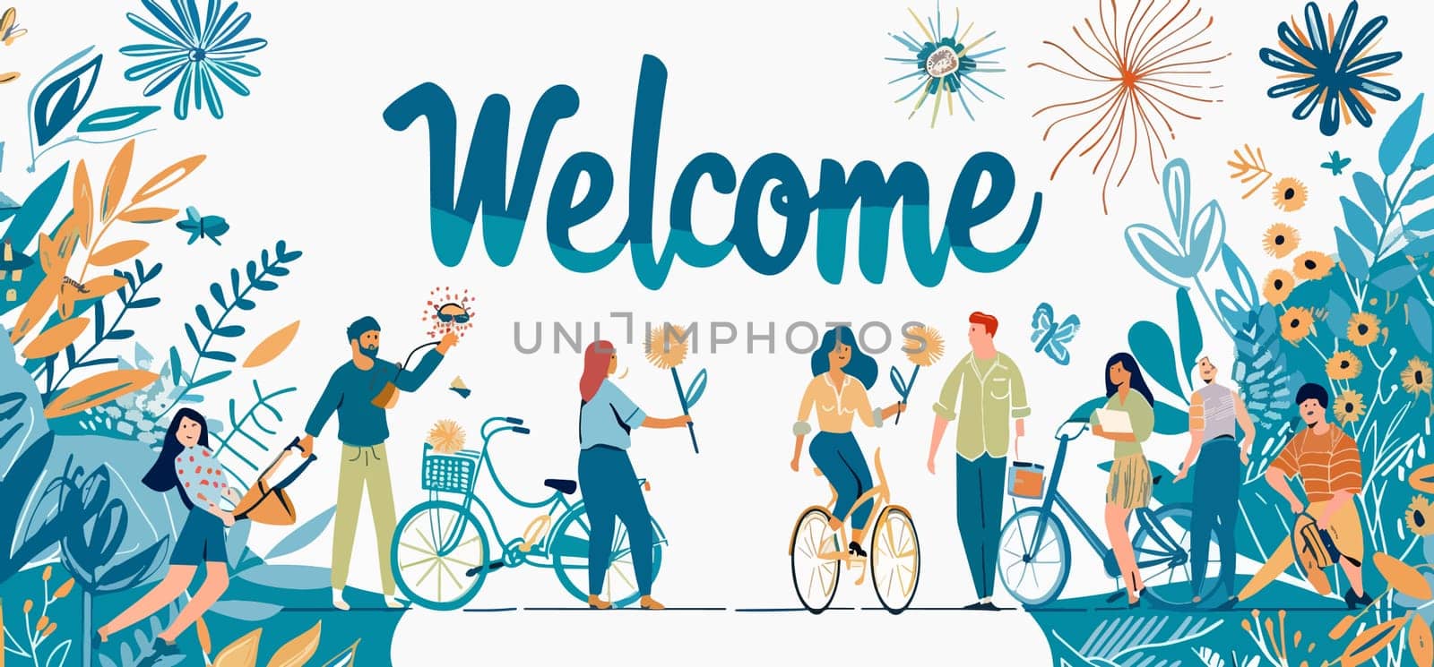 Vibrant welcome illustration with diverse characters celebrating with flowers and bicycles in a festive atmosphere.