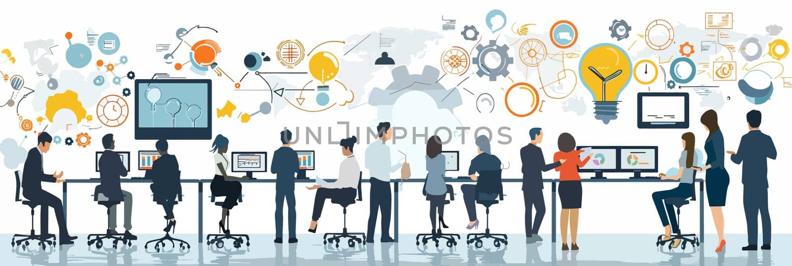 Diverse group collaborating at a digital workspace, surrounded by innovative concepts and technology elements.