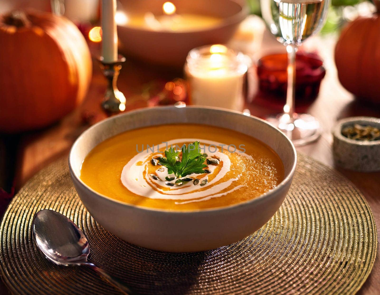 Cozy autumn pumpkin soup with cream and herbs on festive table.