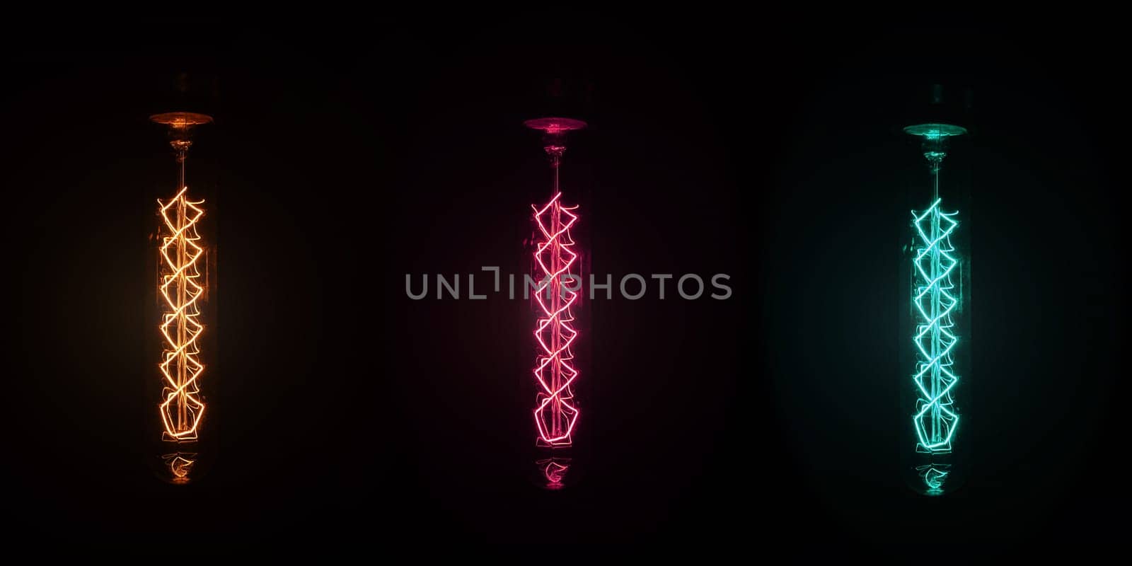 Retro looking light bulb glowing on dark background, bright wire visible in glass - colour can be changed with hue / saturation tool