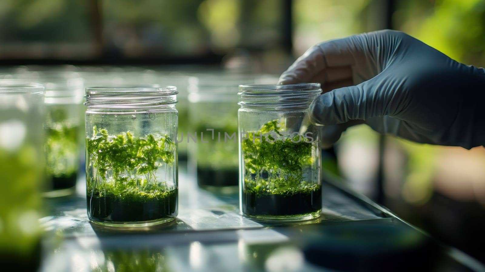 Plant Tissue Culture in Laboratory. Scientist examining plant specimen in vitro culture. Concept of plant biotechnology, biological research, genetic engineering, plant growth, and agriculture.
