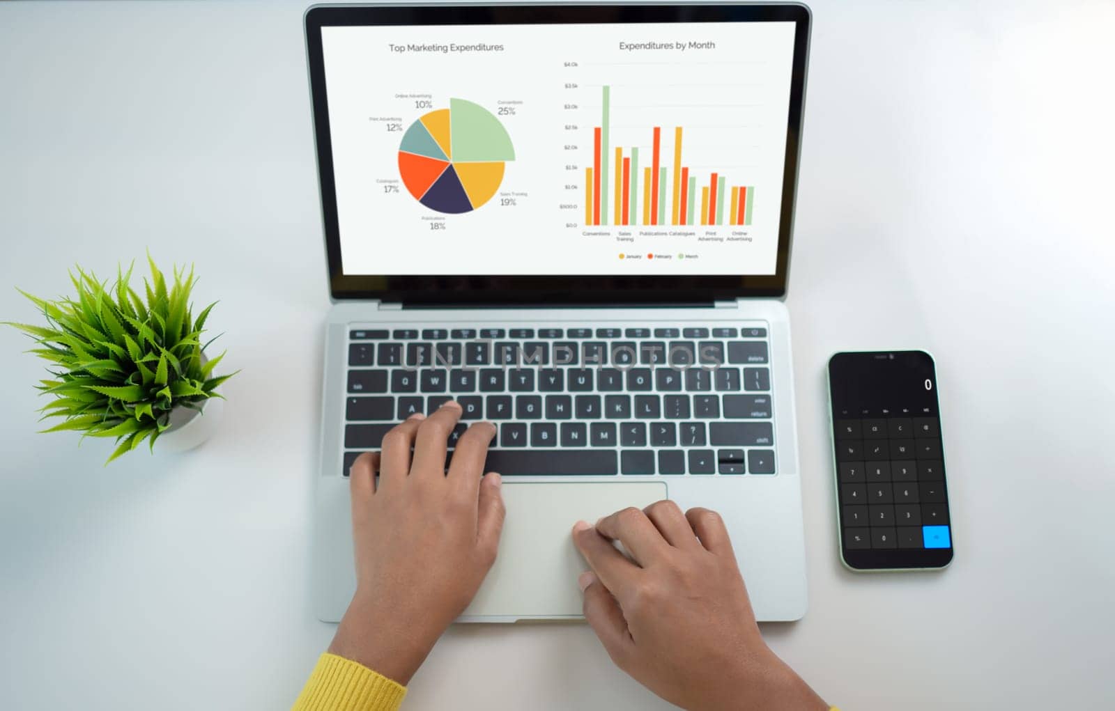 Top view of business financing accounting banking concept. Woman hand doing finances and calculate on desk about cost at home office. Woman working on desk with using app in smartphone and laptop.