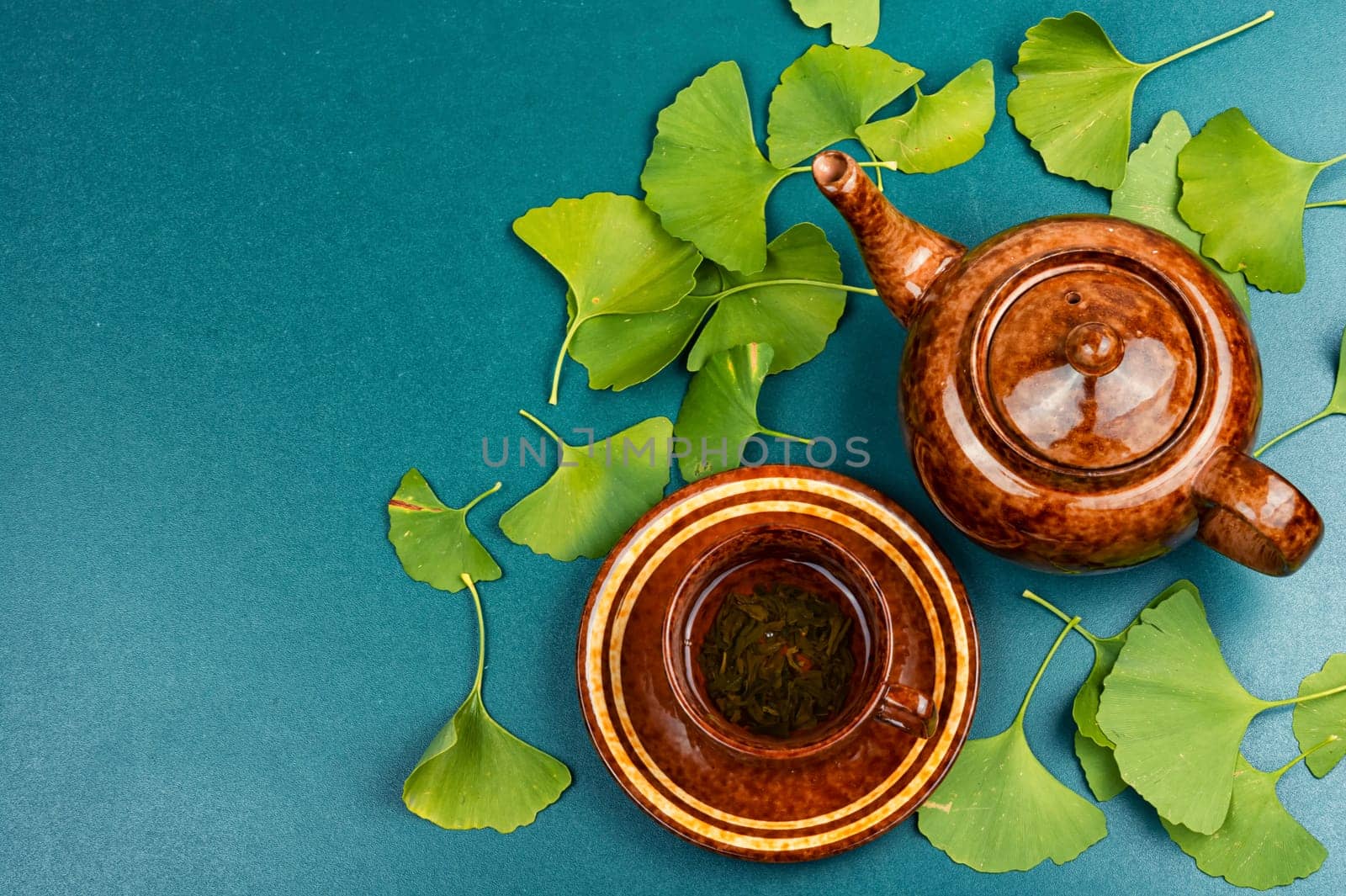 Medicinal plant ginkgo biloba, mortar and pestle on a wooden table, Ginkgo biloba herbal medicine.