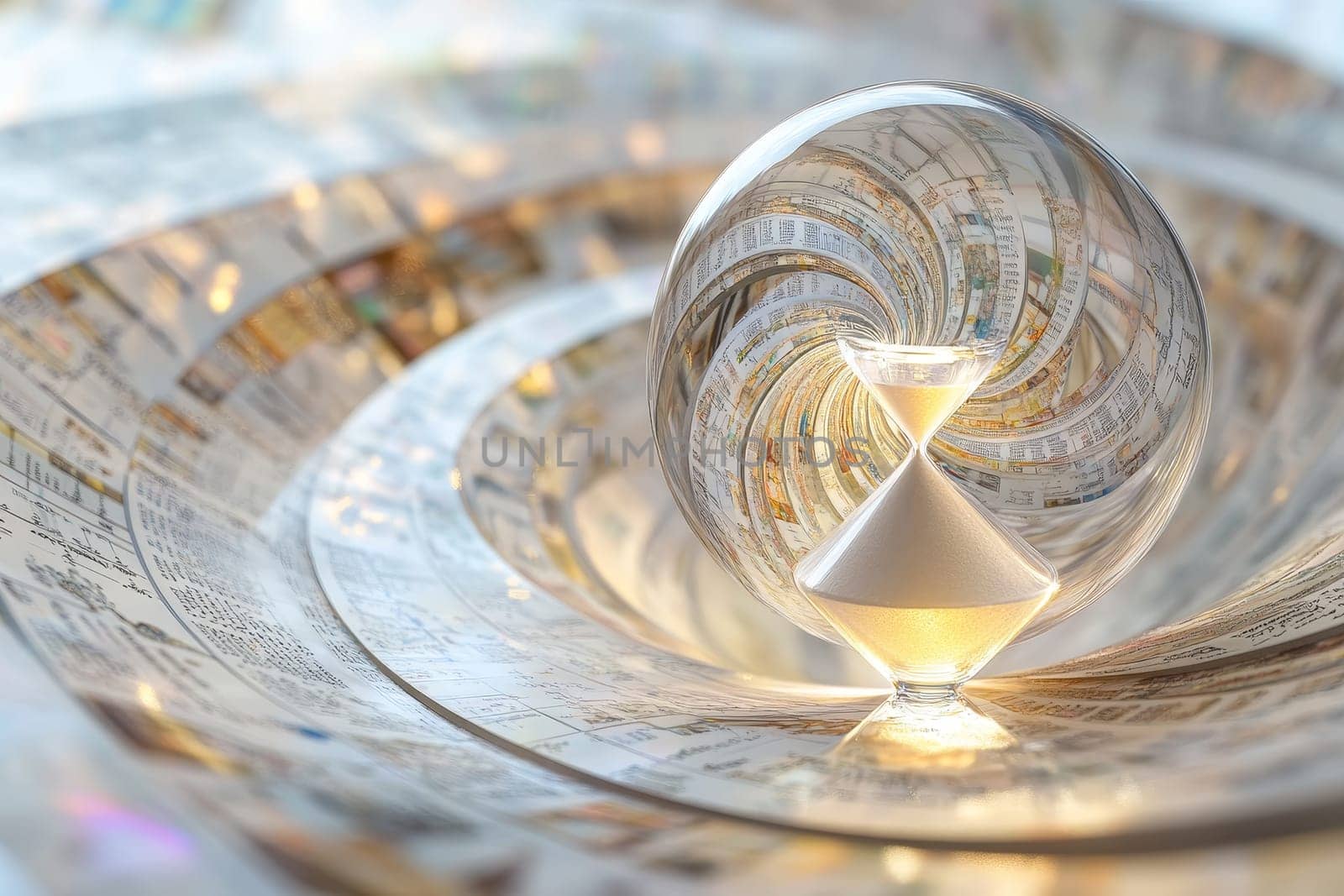 Hourglass sphere reflects spiral of information on vintage paper background.