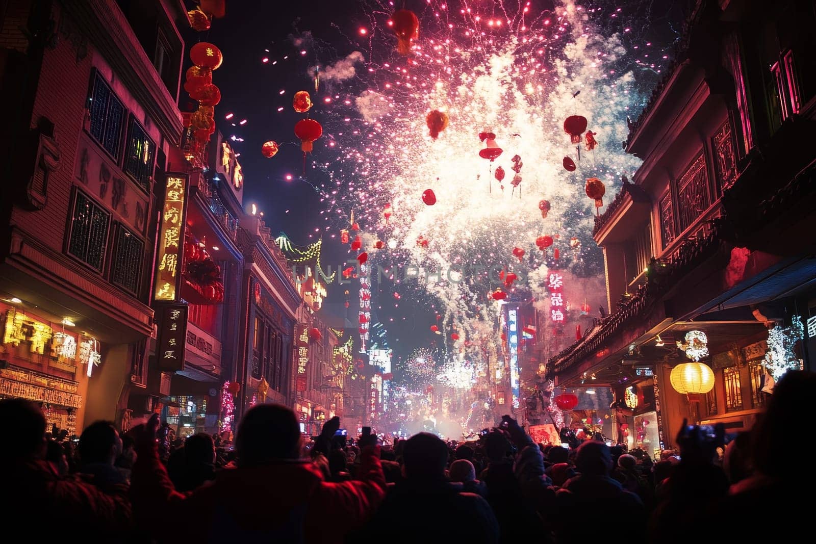 Crowded street with red lanterns and spectacular fireworks display over buildings.