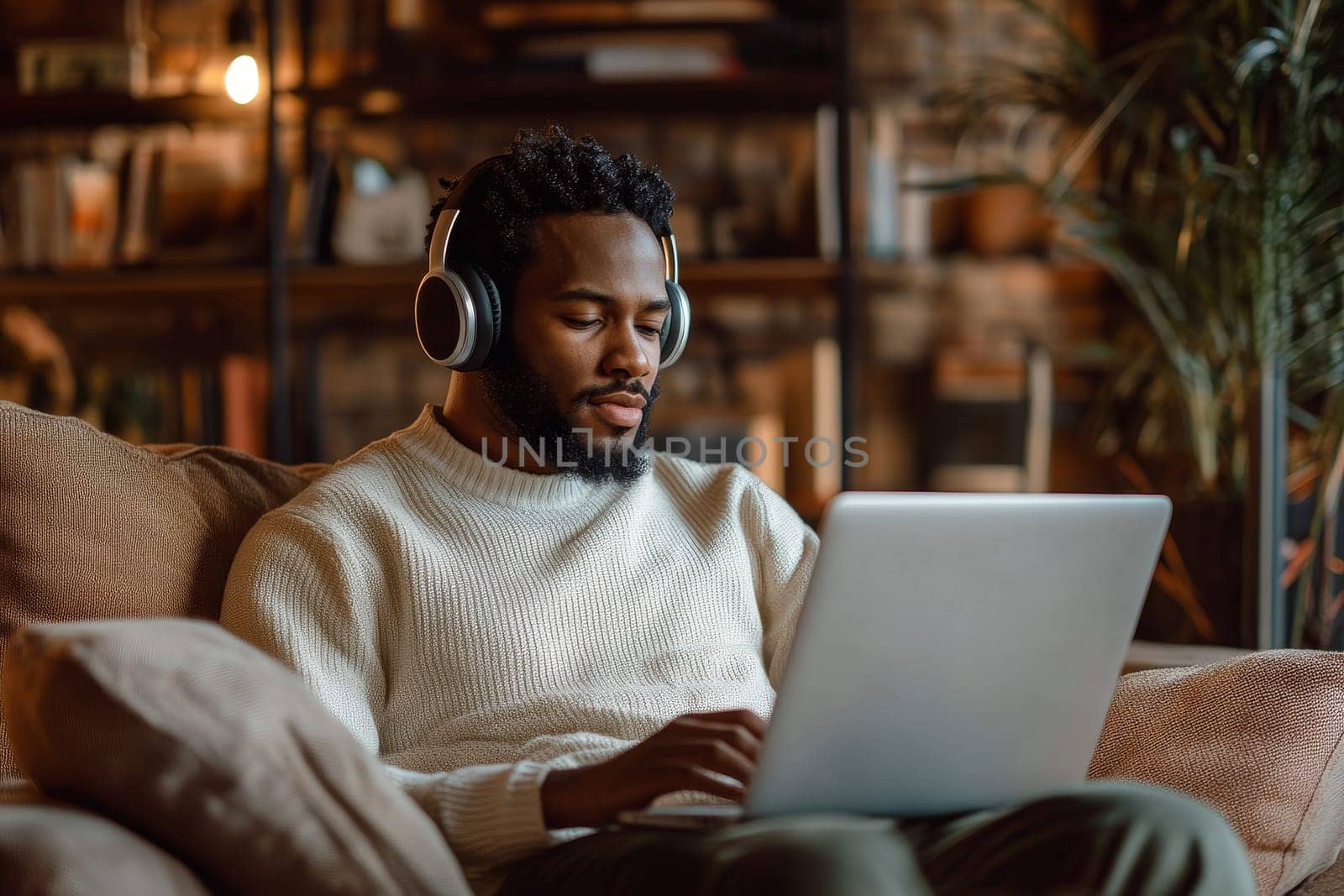 Focused man in white sweater using laptop and wearing headphones, working from home.