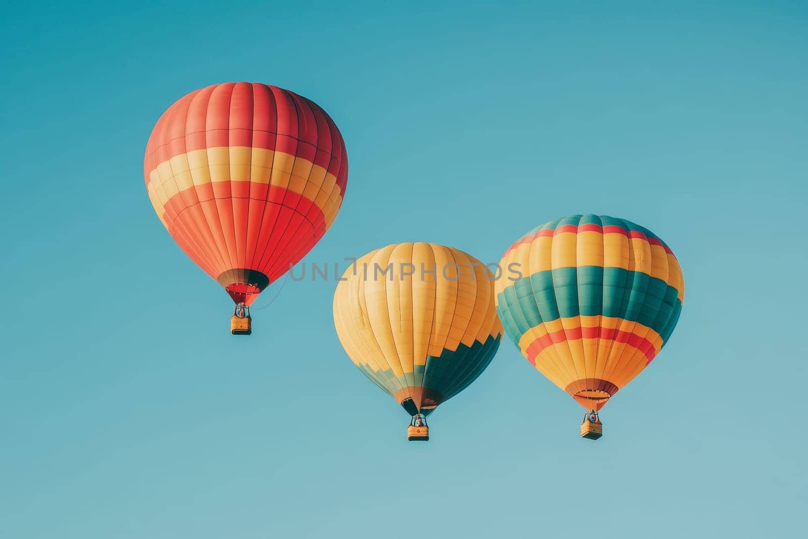Three vibrant hot air balloons floating in a bright blue sky on a sunny day.