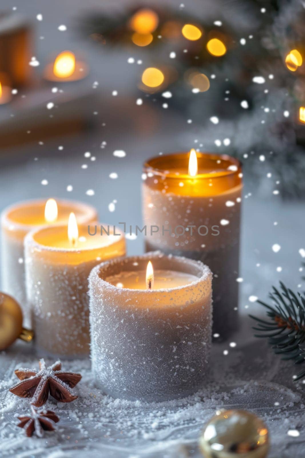 Lit candles with snow-covered edges in winter wonderland background with snowfall bokeh, AI generated