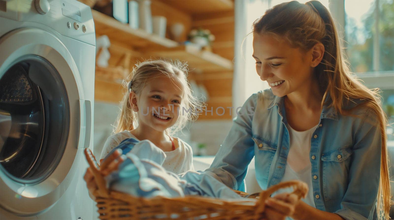 A joyful mother and daughter are folding clothes together in a bright laundry room. The sun shines through the window, adding warmth to the family moment.
