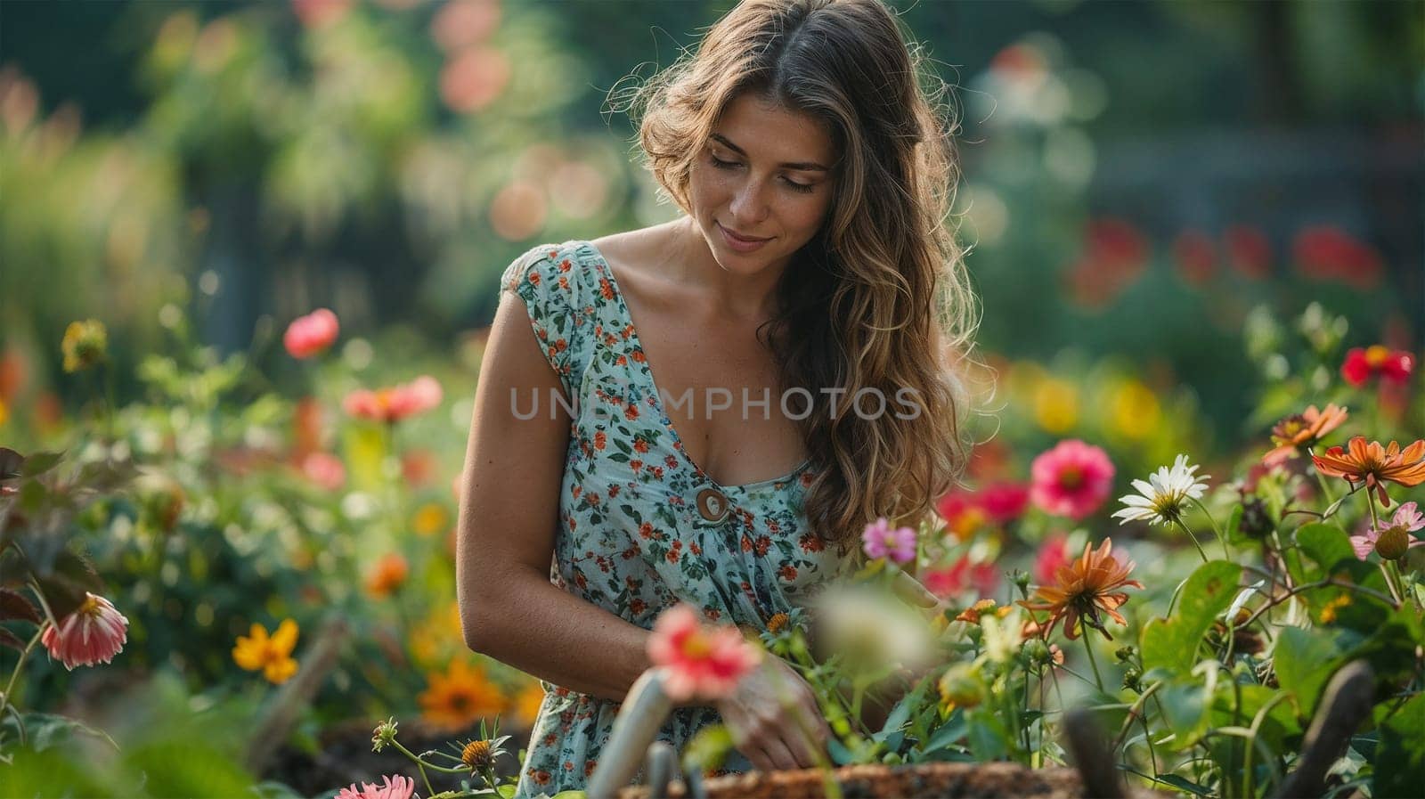 Portrait of a woman with long hair in a summer dress in a garden among lush flowers on a rural farm.