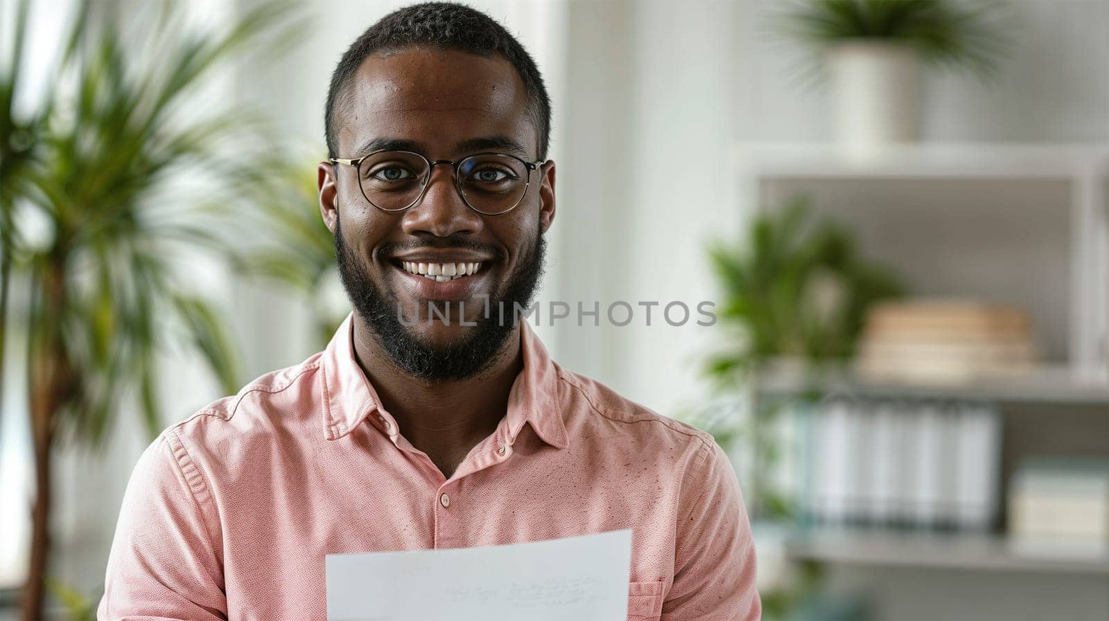 Smiling man with glasses holding paper in bright modern office filled with greenery.