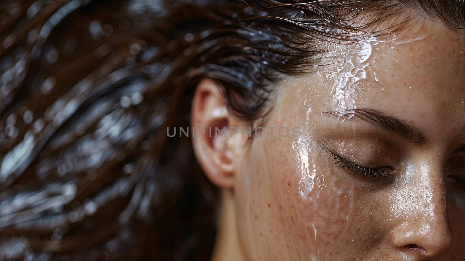 A peaceful close-up of a woman's face relaxing underwater, with water droplets shimmering on her skin. The serene expression evokes calm and tranquility.