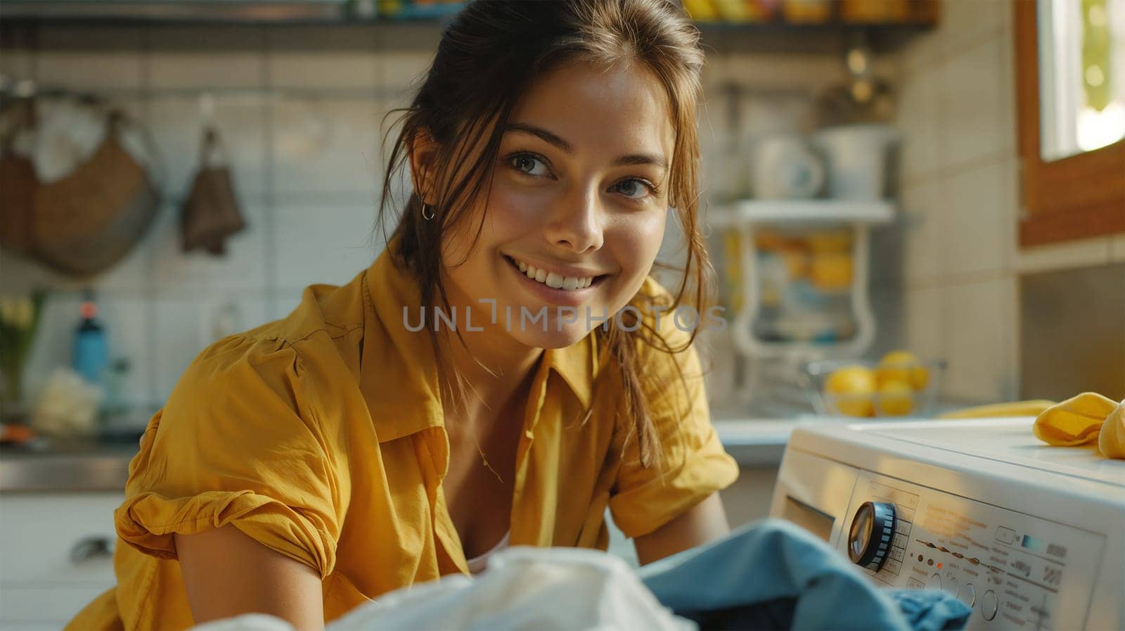 A cheerful woman in a yellow shirt smiles warmly while doing laundry in a cozy kitchen. High quality photo