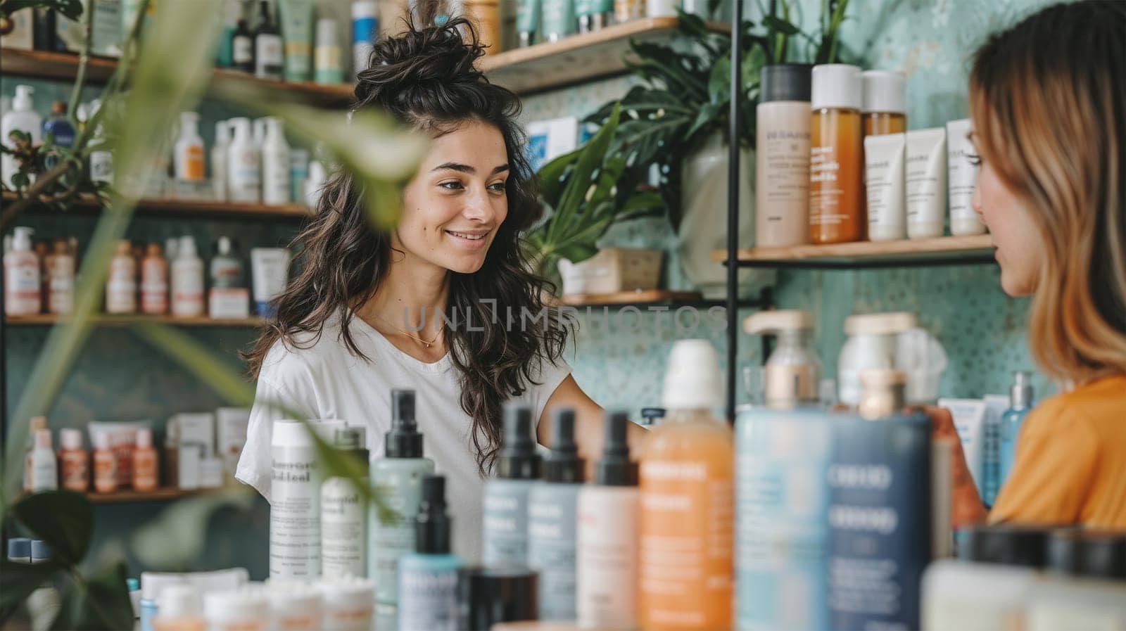 A woman smiles as she shops for organic skincare products in a natural, eco-friendly store. The shelves are filled with a variety of health and beauty items.