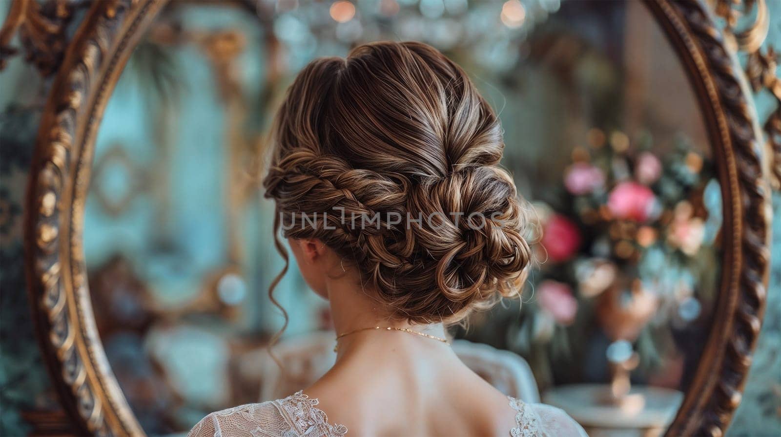 Close-up of an intricate wedding hairstyle reflected in an ornate antique mirror. The elegant hairstyle complements the classic, romantic setting.
