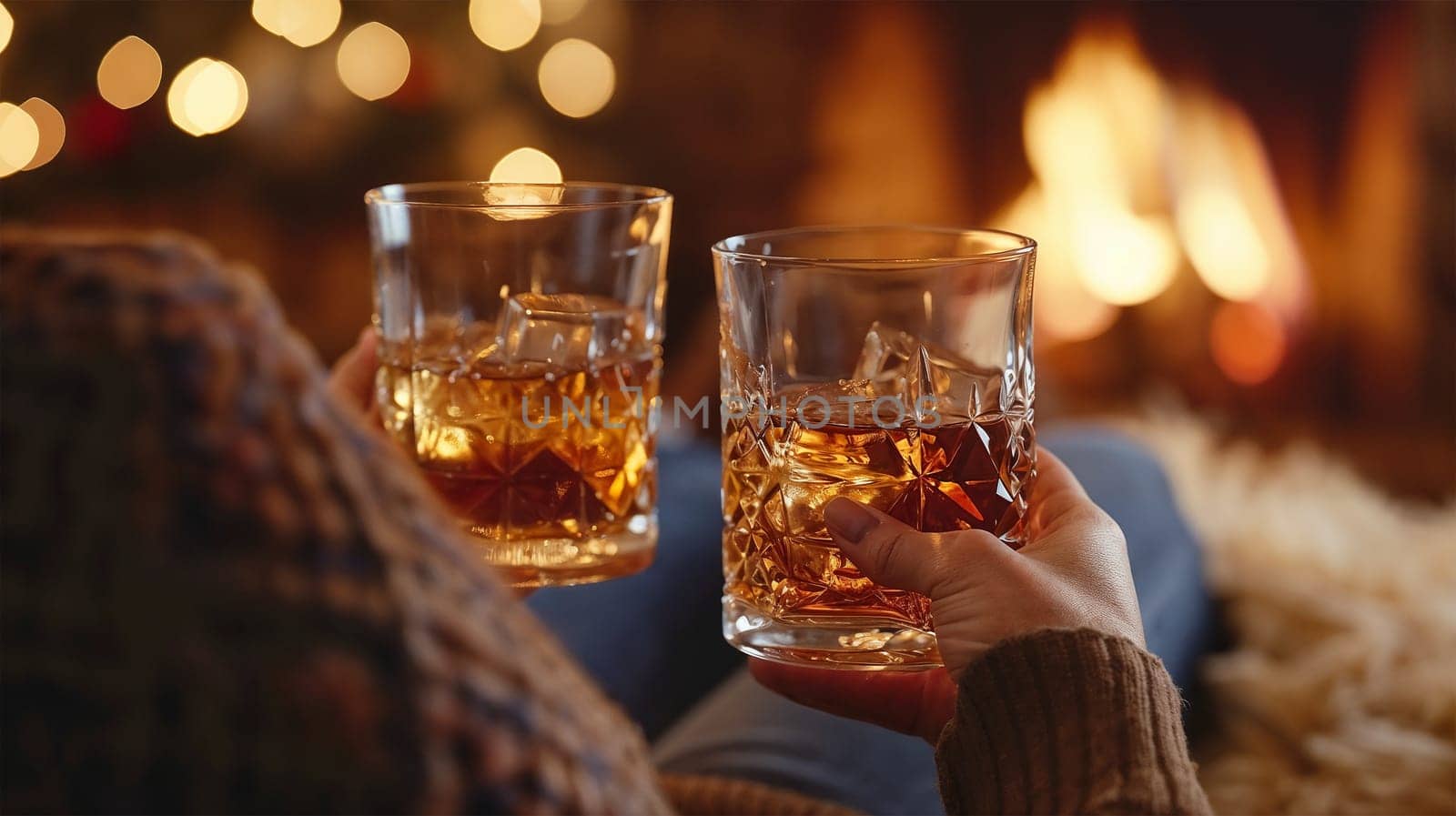 Two hands hold glasses of whiskey in front of a glowing fireplace, creating a cozy and intimate atmosphere. The warm, festive lighting evokes comfort and celebration.