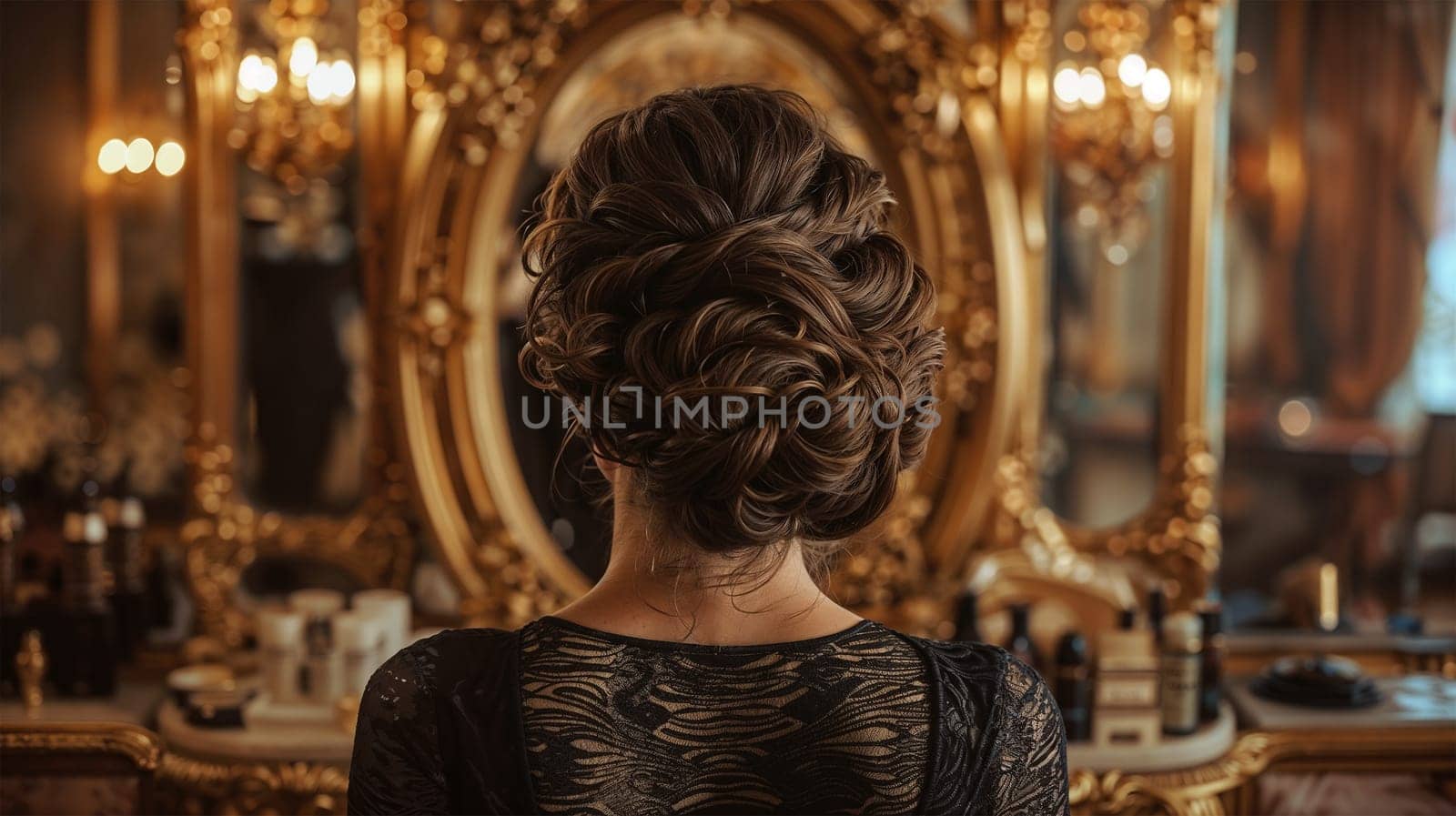 A detailed view of an elegant bridal updo reflected in an ornate vintage mirror. The luxurious setting and intricate hairstyle evoke classic beauty and sophistication.