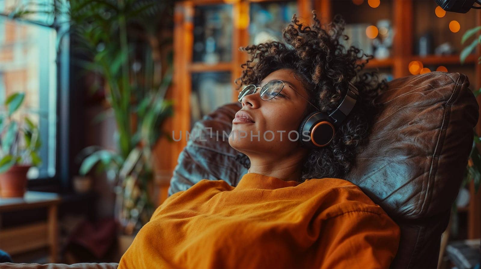 A woman with curly hair listens to music on headphones while relaxing on a leather chair in a cozy home environment, surrounded by plants and soft lighting.