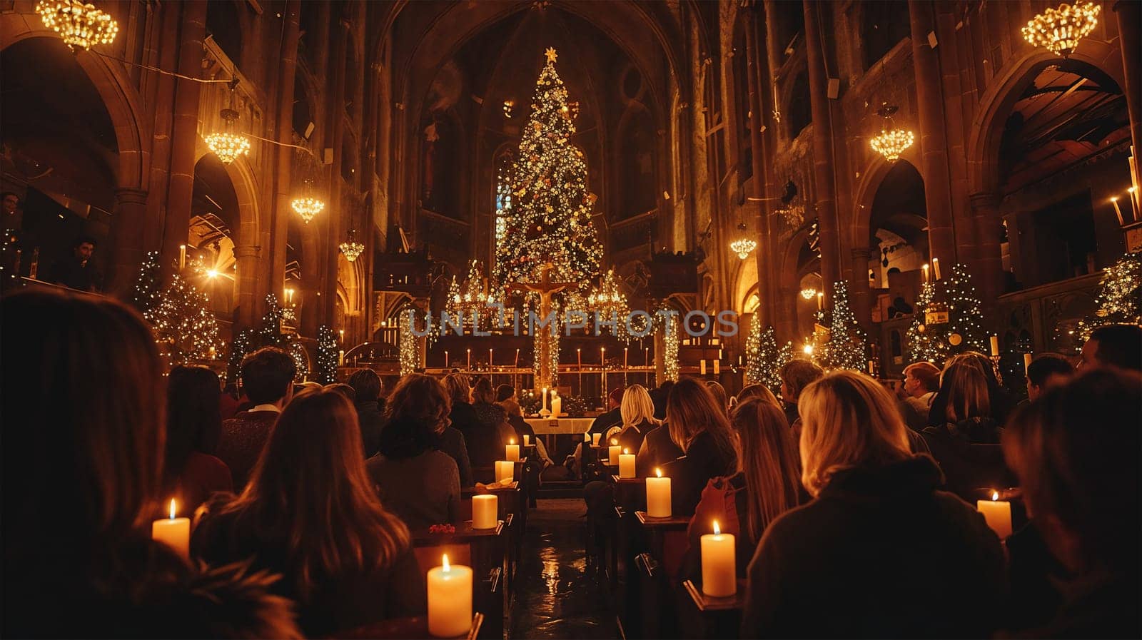 A grand church decorated for Christmas, filled with people attending a candlelit service. A large Christmas tree and soft glowing candles create a warm, reverent atmosphere.