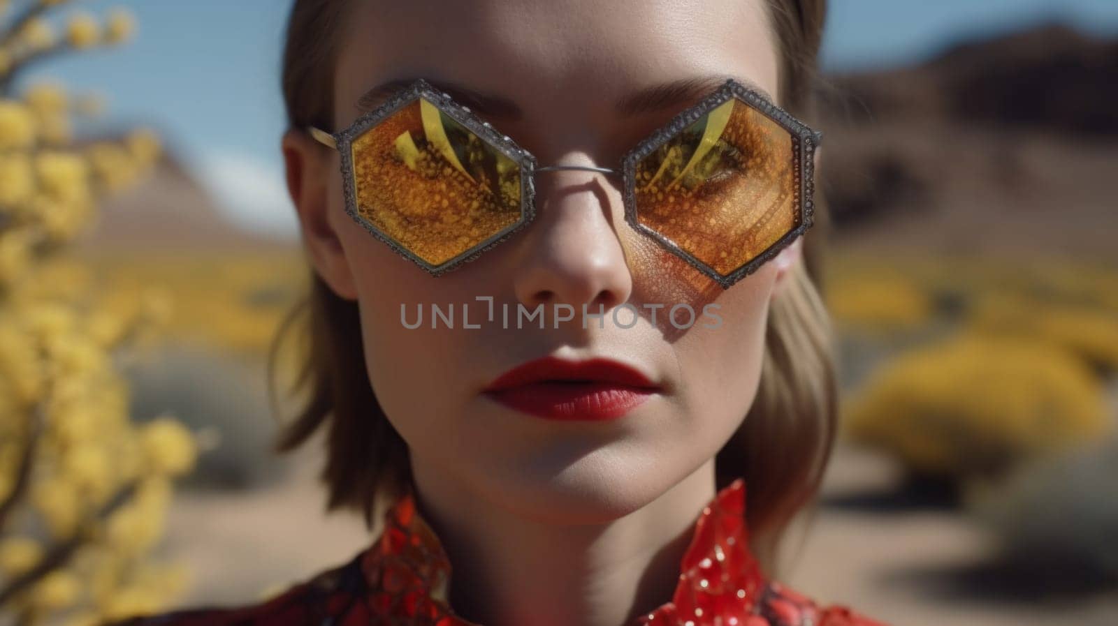 A woman in yellow hexagonal sunglasses and red lipstick stands in front of the desert.