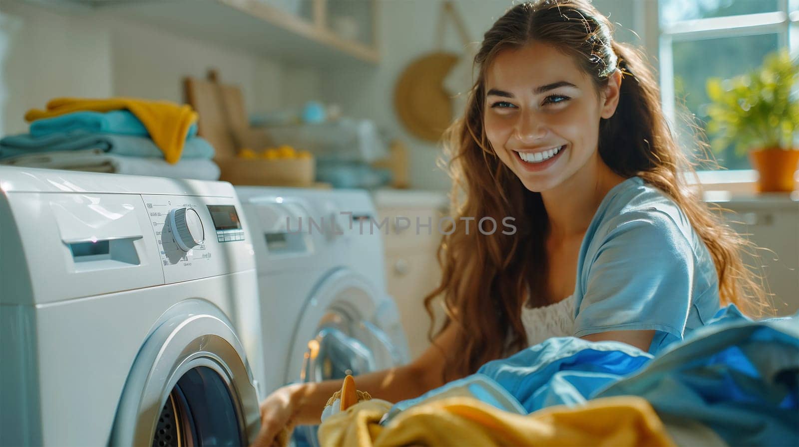 Young woman with long hair smiling while folding clothes in a bright modern laundry room. Sunlight streams in, fresh and cheerful environment.