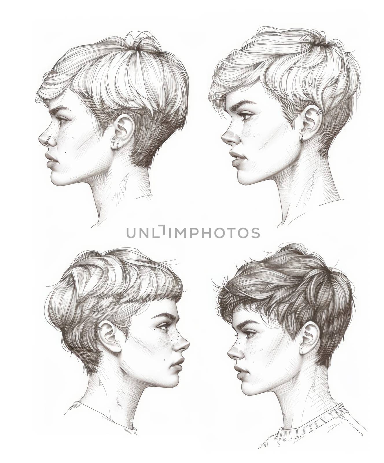 Four Different Drawings of Woman Head With Short Haircut