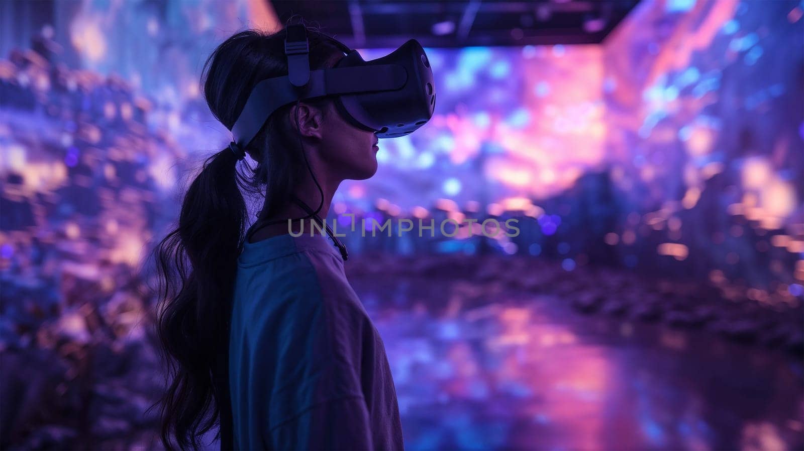 A woman wearing a Virtual Reality headset explores an immersive digital environment filled with vibrant lights and abstract visuals. The futuristic atmosphere highlights advanced technology.