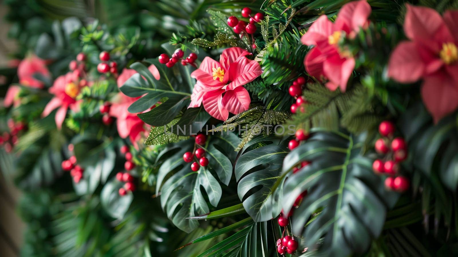 Close-up of bouquet of flowers and leaves on wall