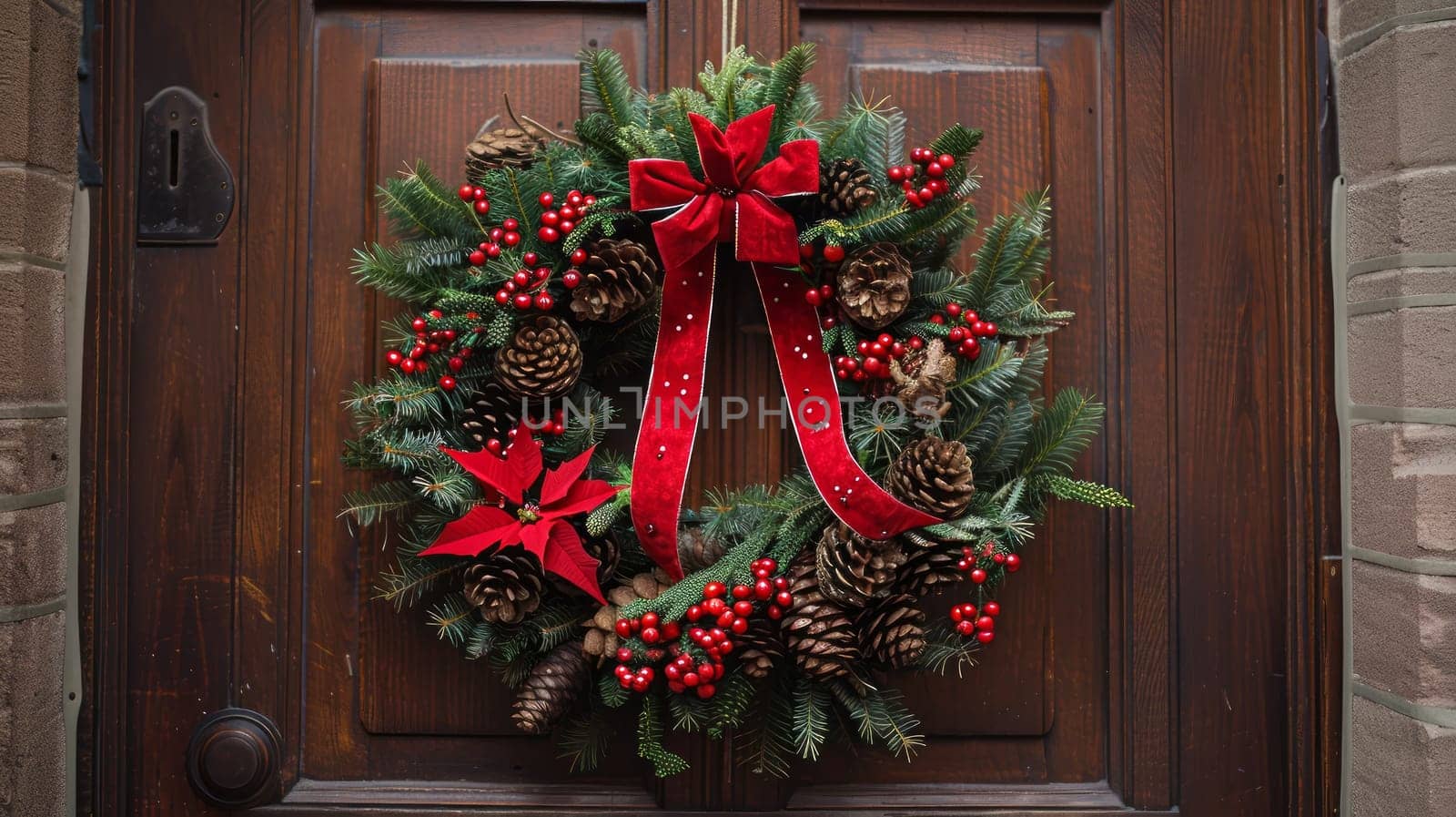 Christmas Wreath on the Door with Pine Cones and Red Bows