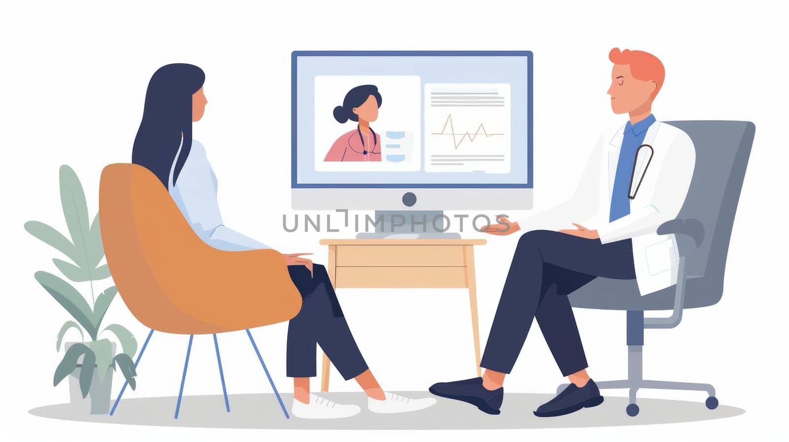A man in a medical gown and a woman sit in chairs and talk to each other near a computer monitor.the concept of medicine