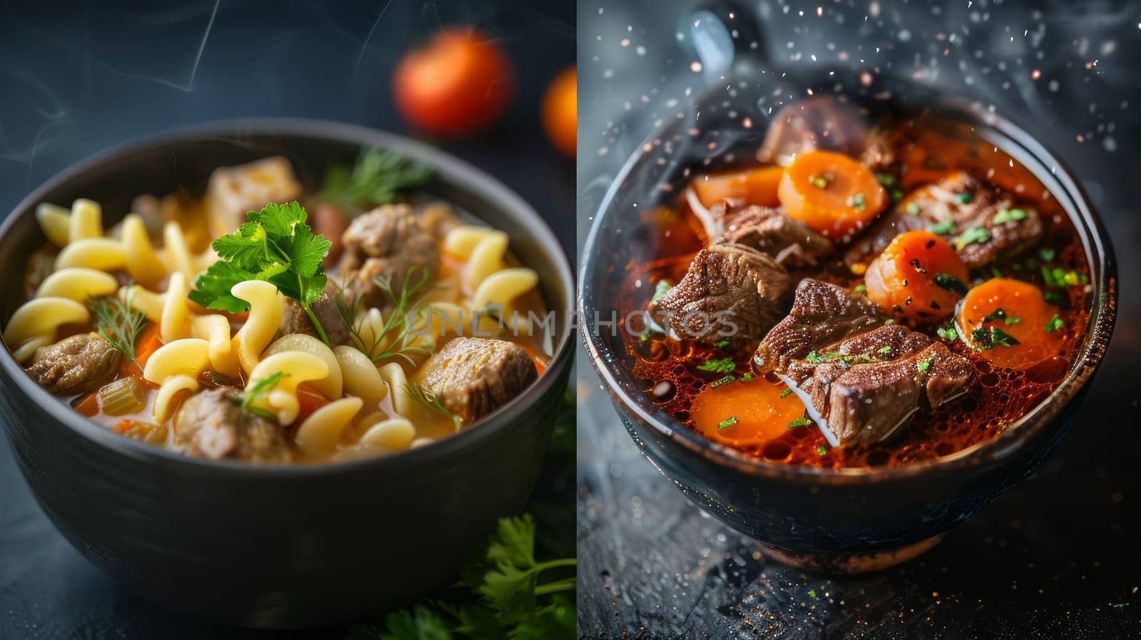 Two images of two pictures, one showing a bowl of noodles and the other showing pasta in the other
