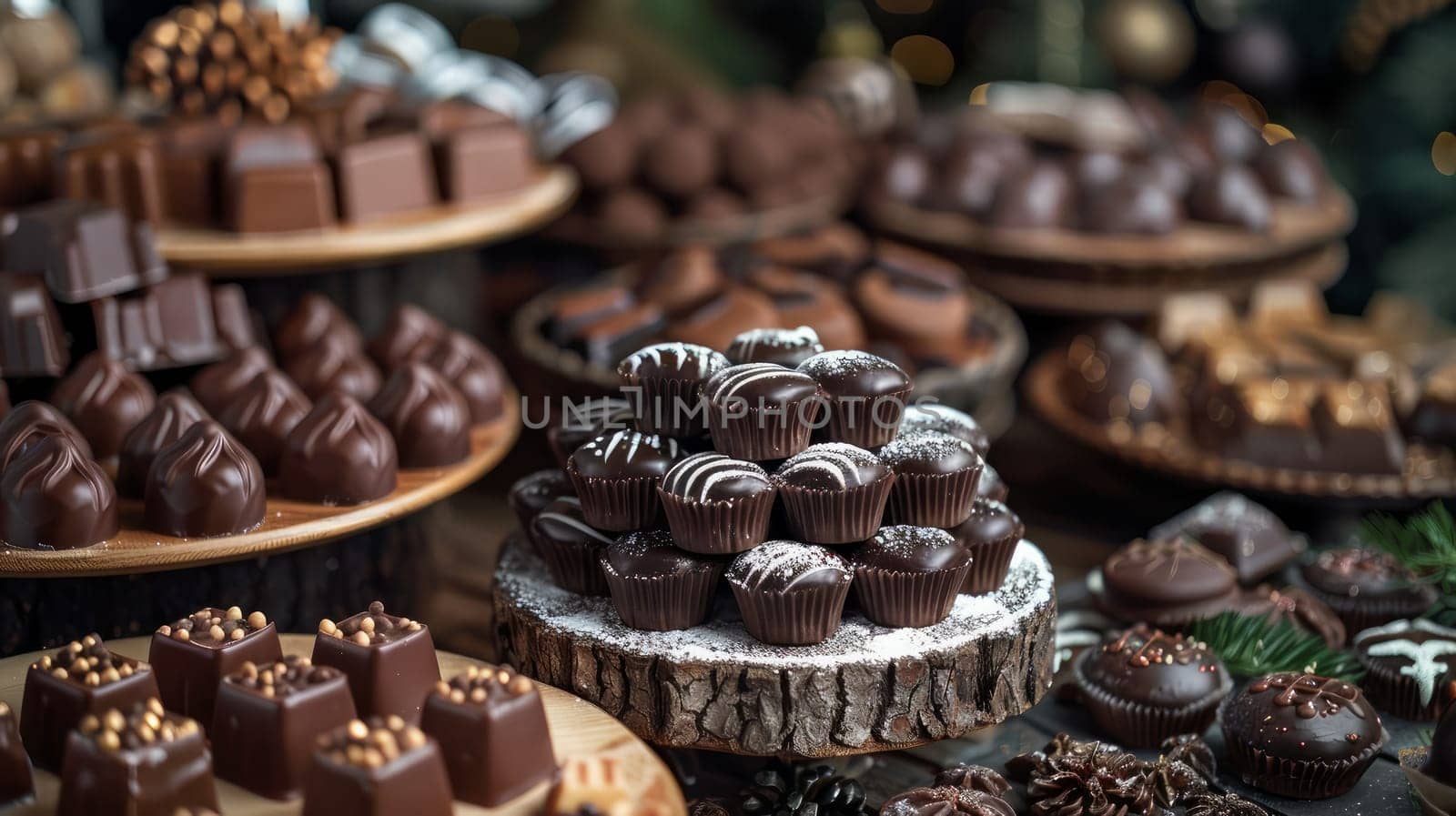 Demonstration of a table filled with chocolates of different types and sizes.