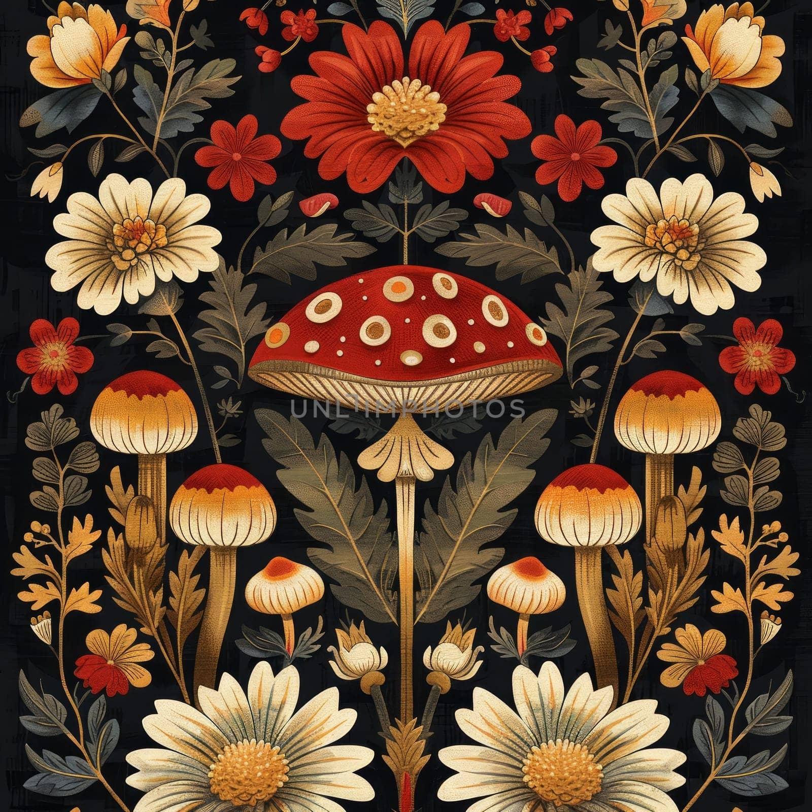Symmetrical Painting Depicting Colorful Design with Mushrooms and Flowers