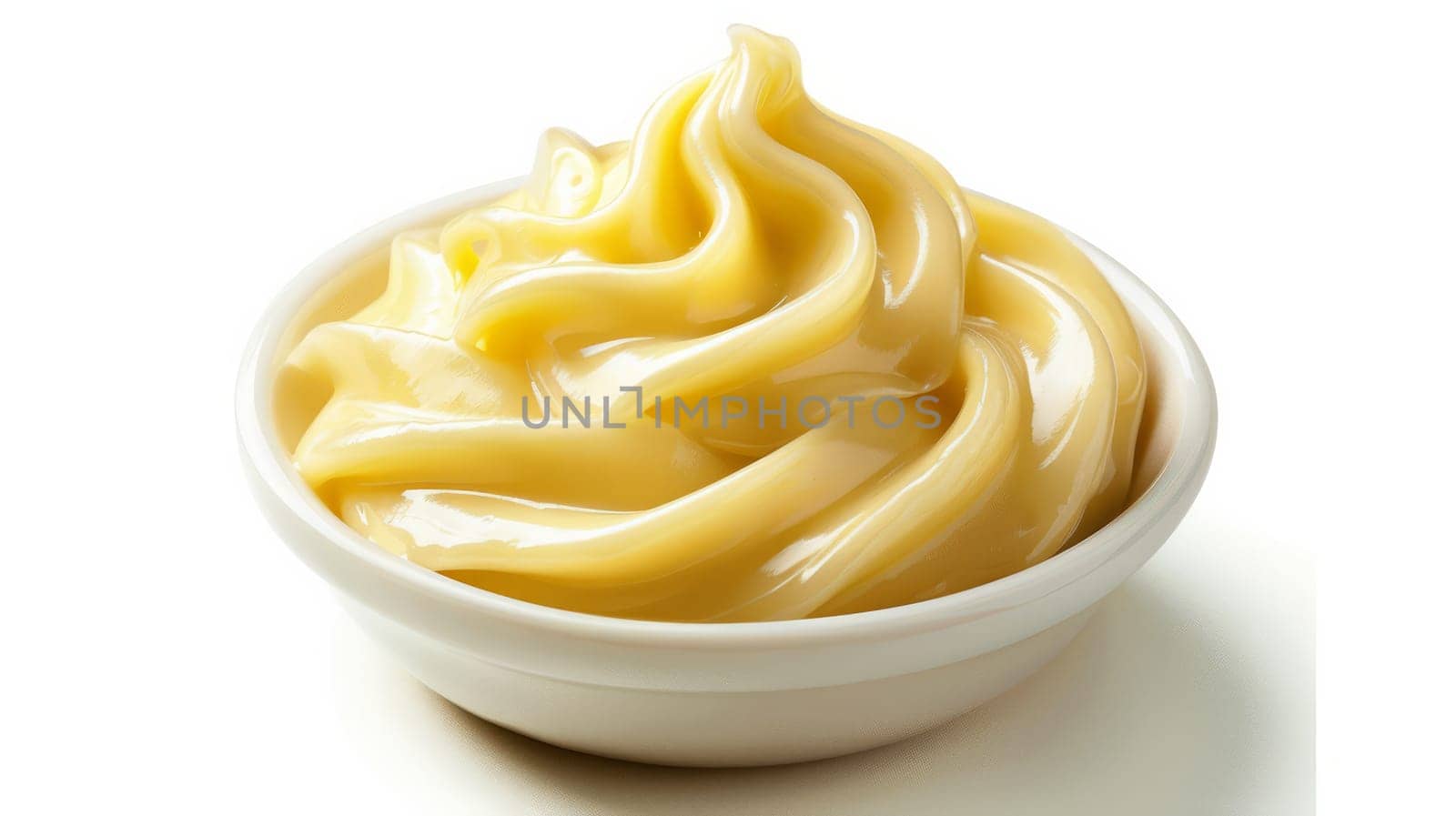 White bowl with yellow sauce on a white background